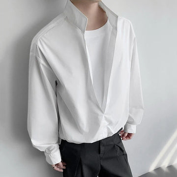 AIDASE  -  Fake Two-Piece Male Shirt Stand Collar Long Sleeve Sun Protection Pullover Men Shirt Summer Fashion Solid Color Top 21E6853 aidase-shop